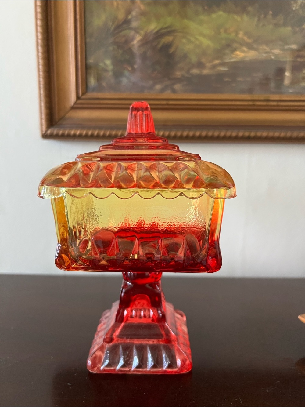 Red to Amber Glass Covered Compote Candy Dish